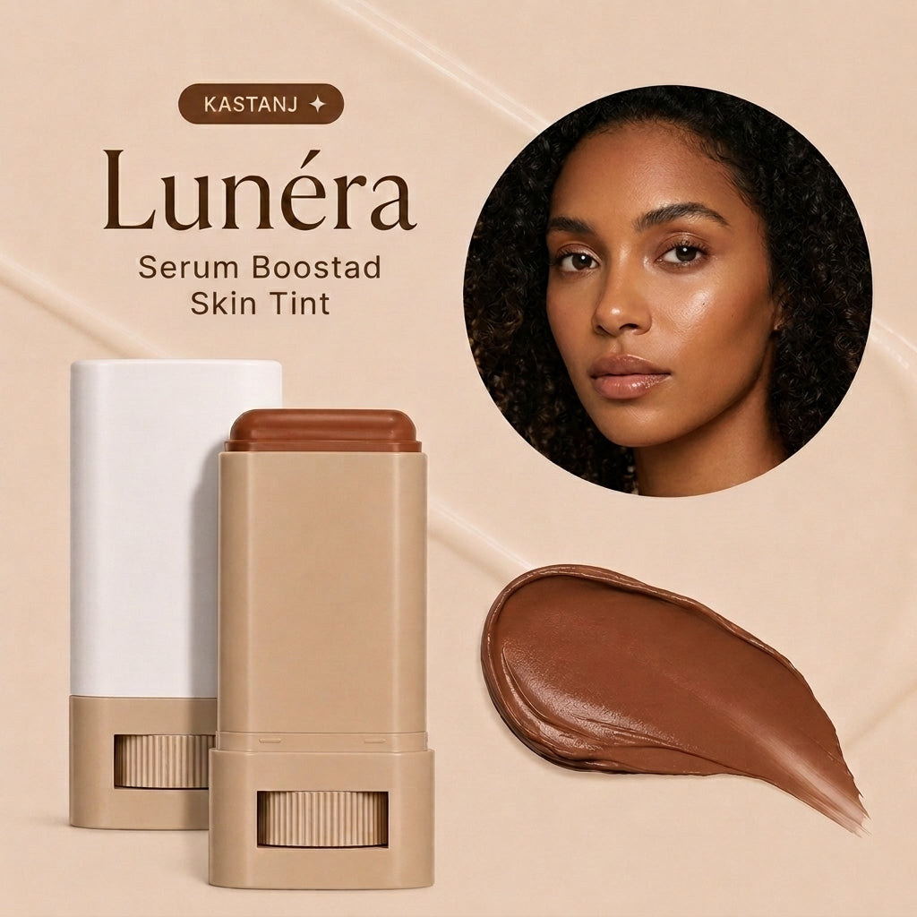 Lunéra skin tint stick i nyansen Kastanj med färgprov på hud