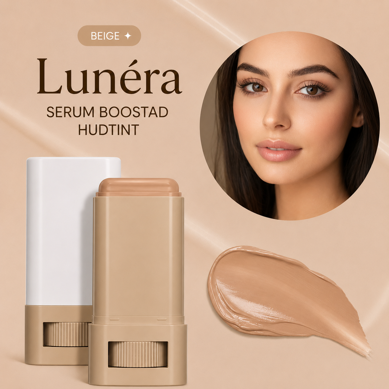 Lunéra serum boostad hudtint with a stick applicator and a woman's face on a beige background