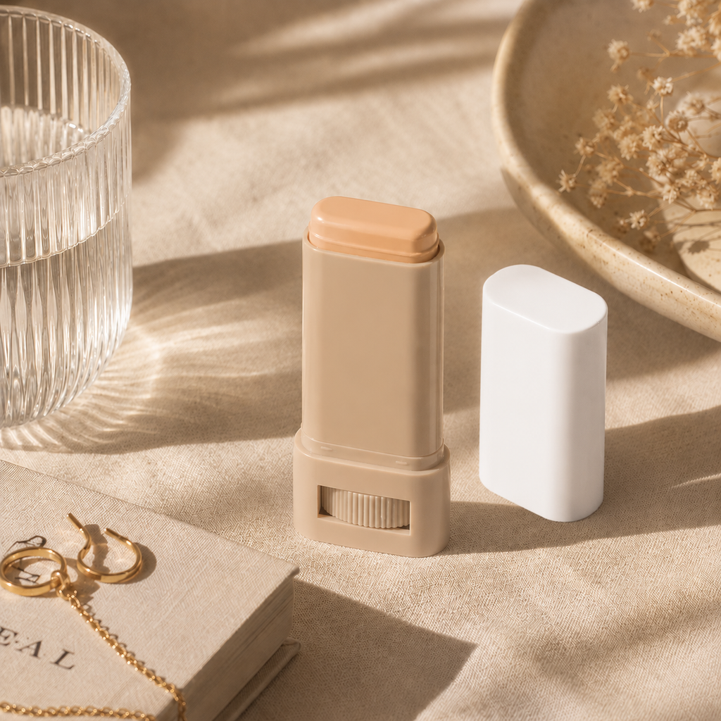 Beige makeup stick with white cap on a beige surface with a glass and dish in the background