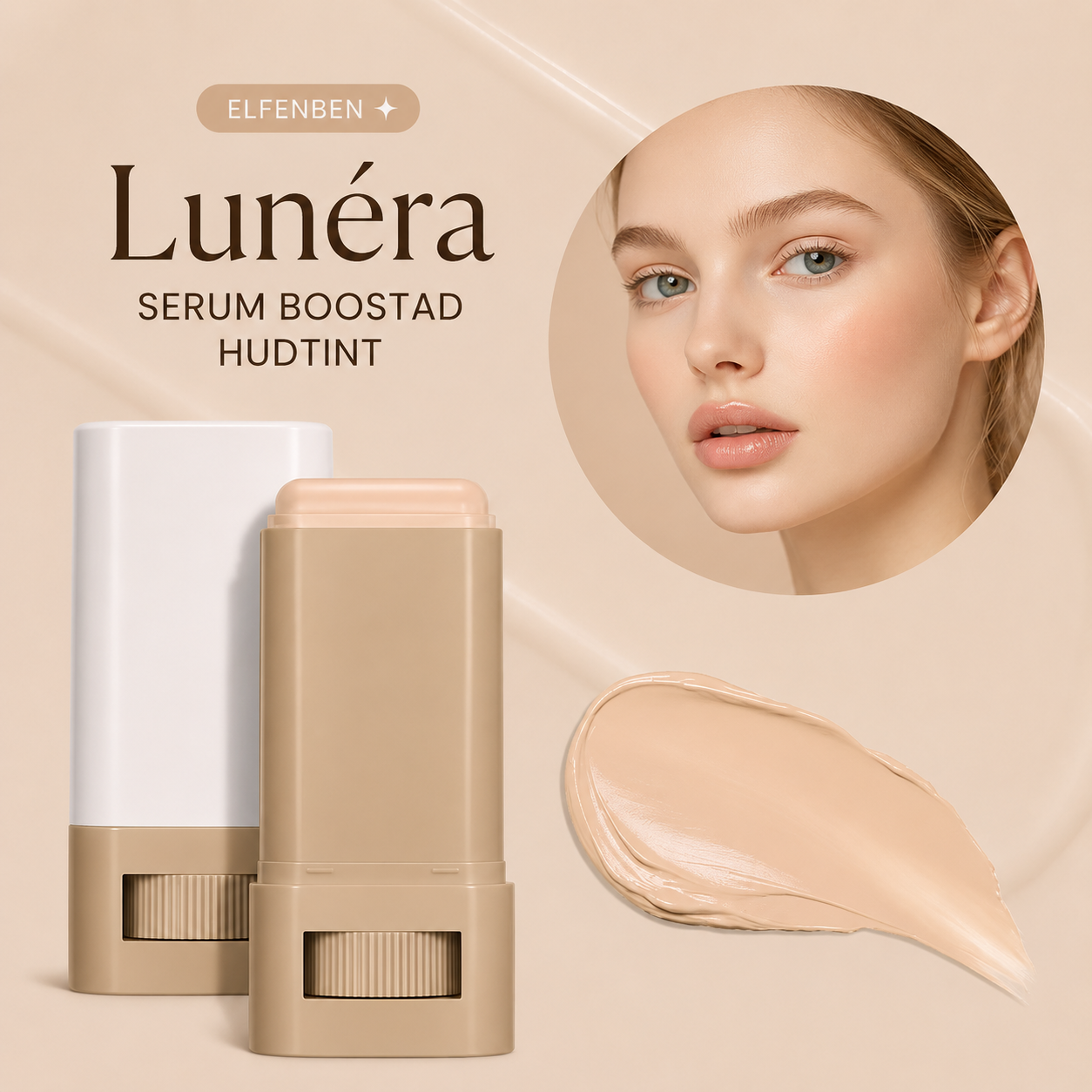 Lunéra serum boostad hudtint with product and close-up of a woman's face on a beige background