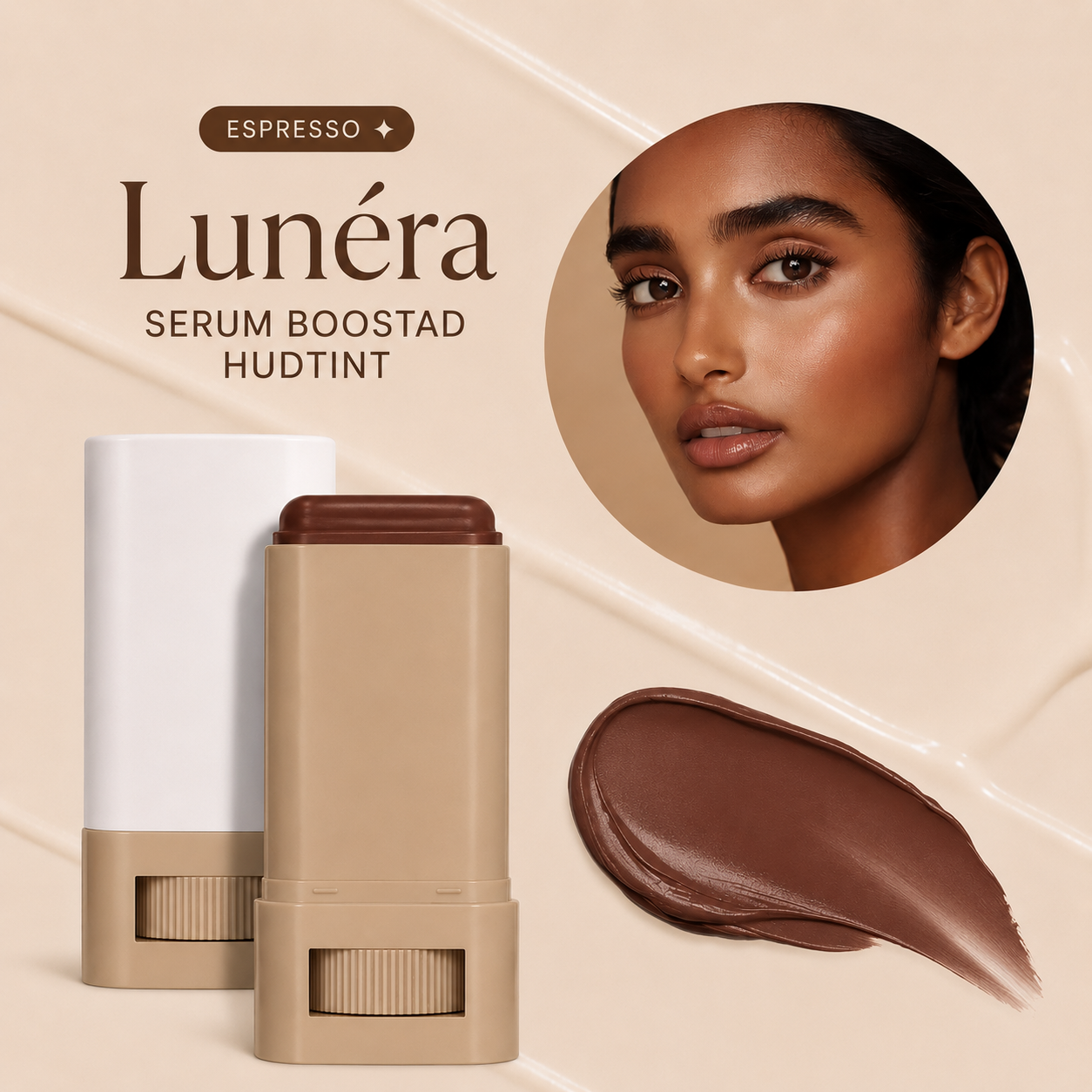 Lunéra serum boostad hudtint with a model and espresso shade swatch on a beige background