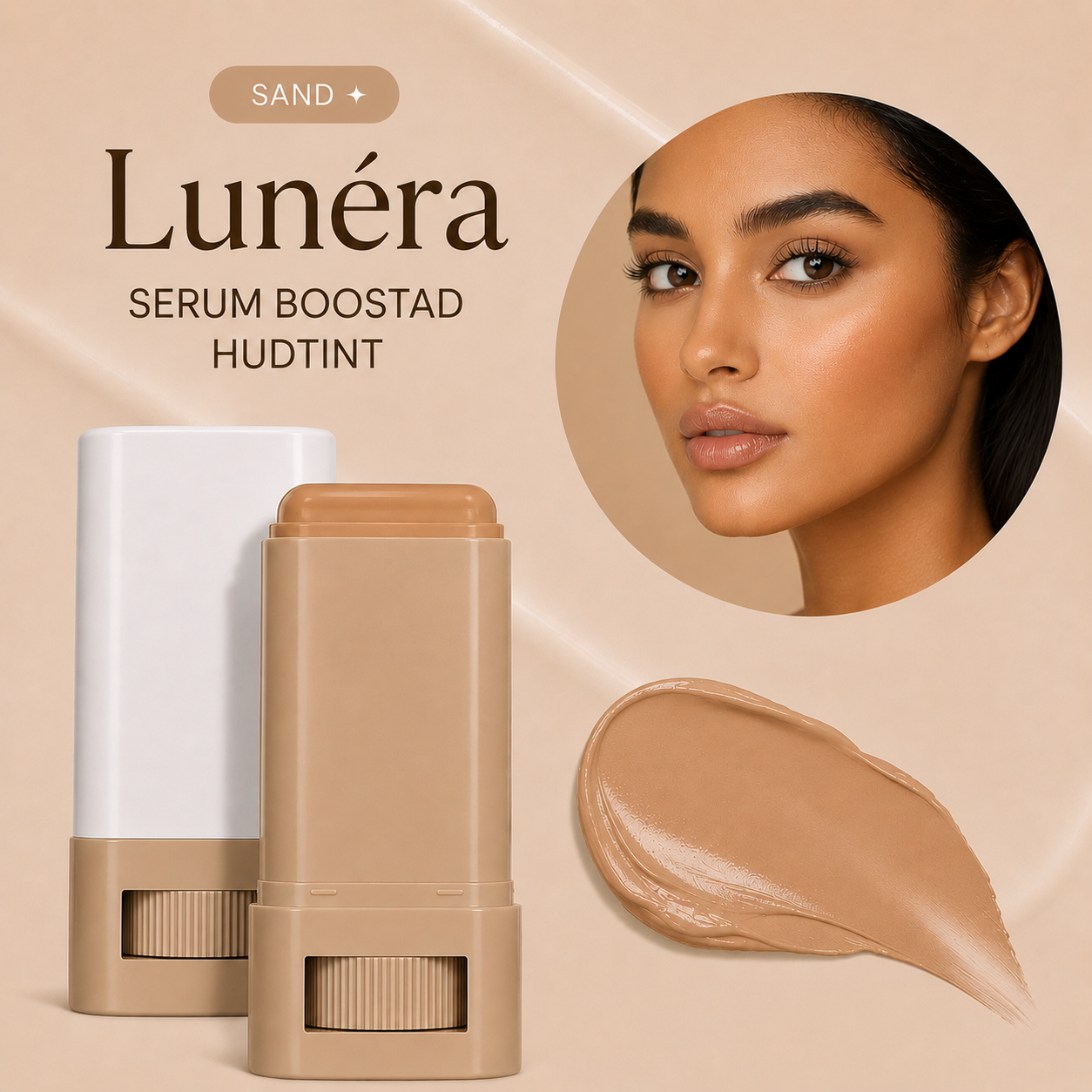 Lunéra serum boostad hudtint with a woman's face and product application on beige background